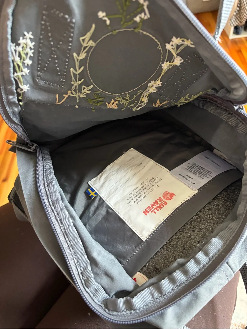 Kånken Black Mini Backpack with Floral Embroidery